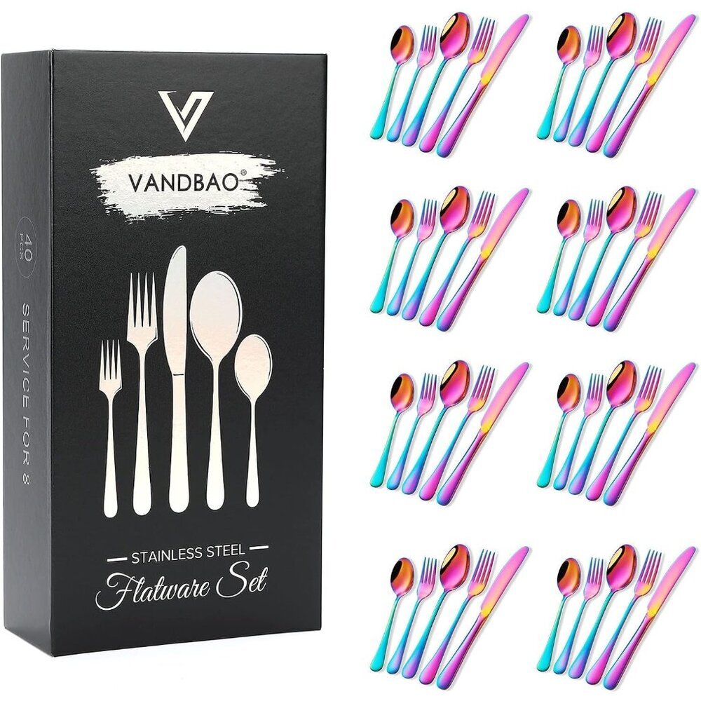 🆕Rainbow Silverware Stainless Steel Colorful Utensils Knife Fork Spoon Polished